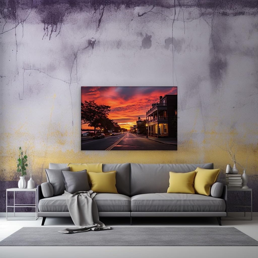 Canvas for Living room. Dawn's Drama on a Deserted Street: A Spectrum of Serenity, 27 x 18 inch Canvas Wall Art - Surrealistic Visions - Modern Home Decor