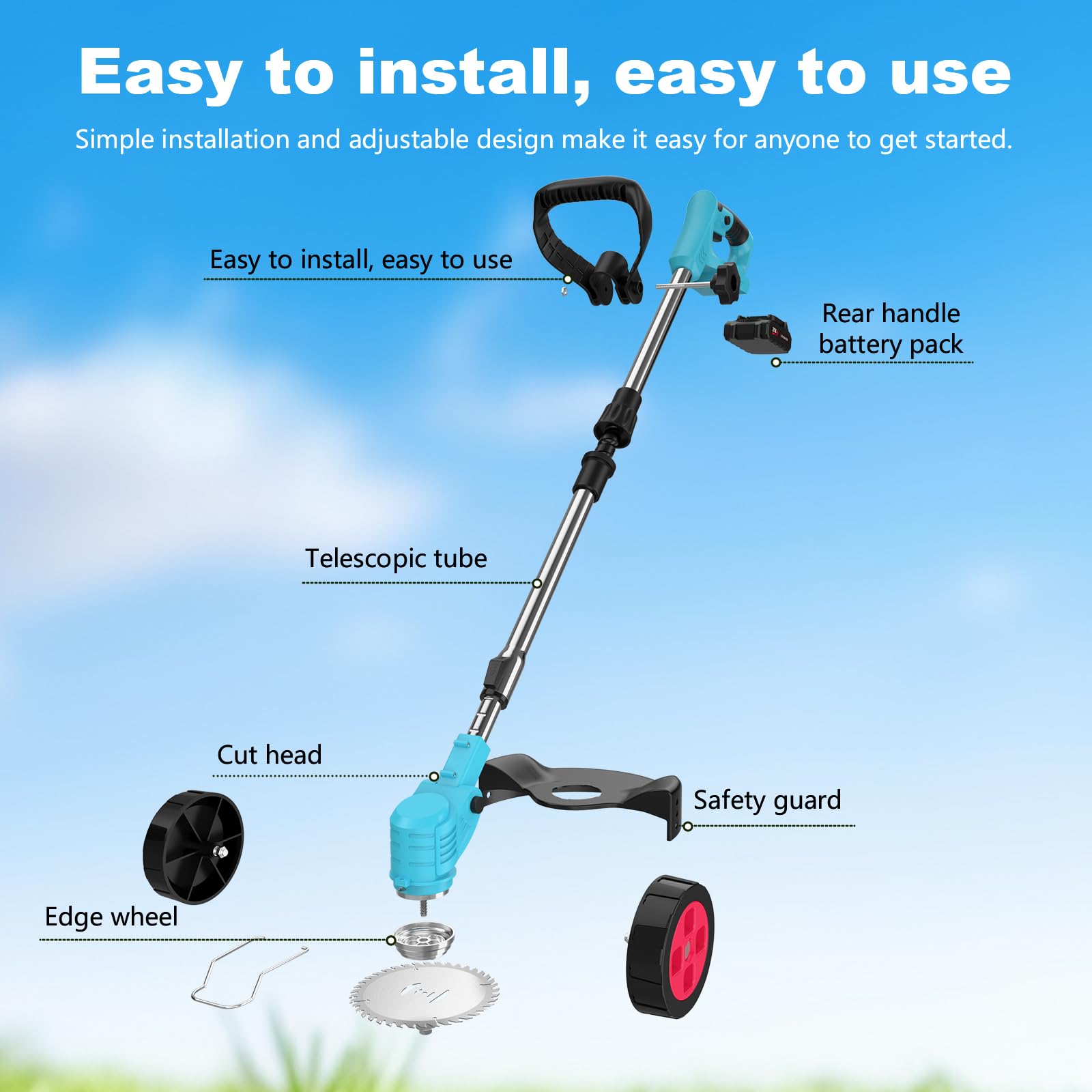Cordless Grass Strimmer, 21V Strimmer Cordless with 2 X 2000mAh Battery and Charger, 3 Types 16 Blades, Garden Trimmer Telescopic Lightweight with Roller, 7800/min, for Gardens, Park Lawns - 4