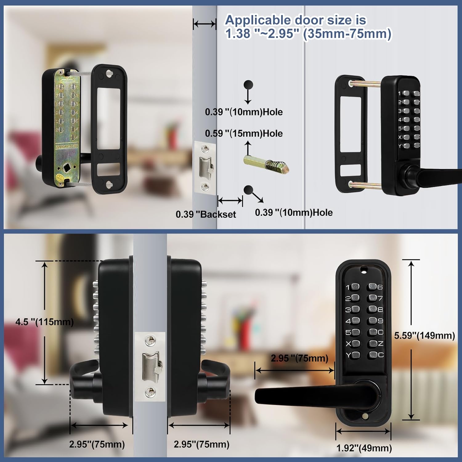 Upgrade Double Sided Keypad Door Lock with Adjustable Deadlatch 2-3/8'' and 2-3/4'', Double Sided Keyless Door Lock with Handle, Double Sided Gate Lock for Outdoor (Black)