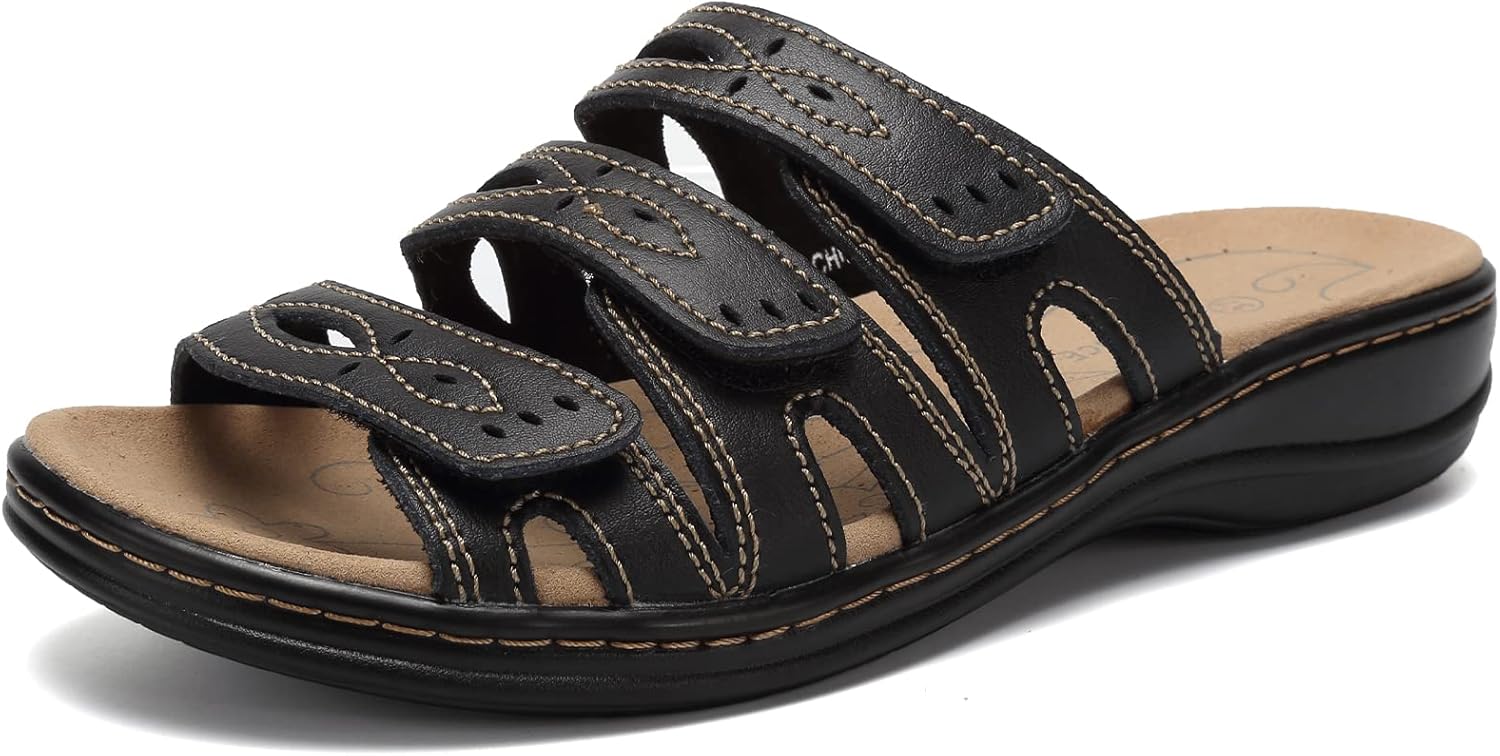 CIOR Women's Classic Leather Sandals, Black, Flat, Open Toe, Arch Support, Adjustable Strap, Casual, Water Resistant, Perfect for Beach, Street, Shopping, Dating, Vacation, Pool, Party