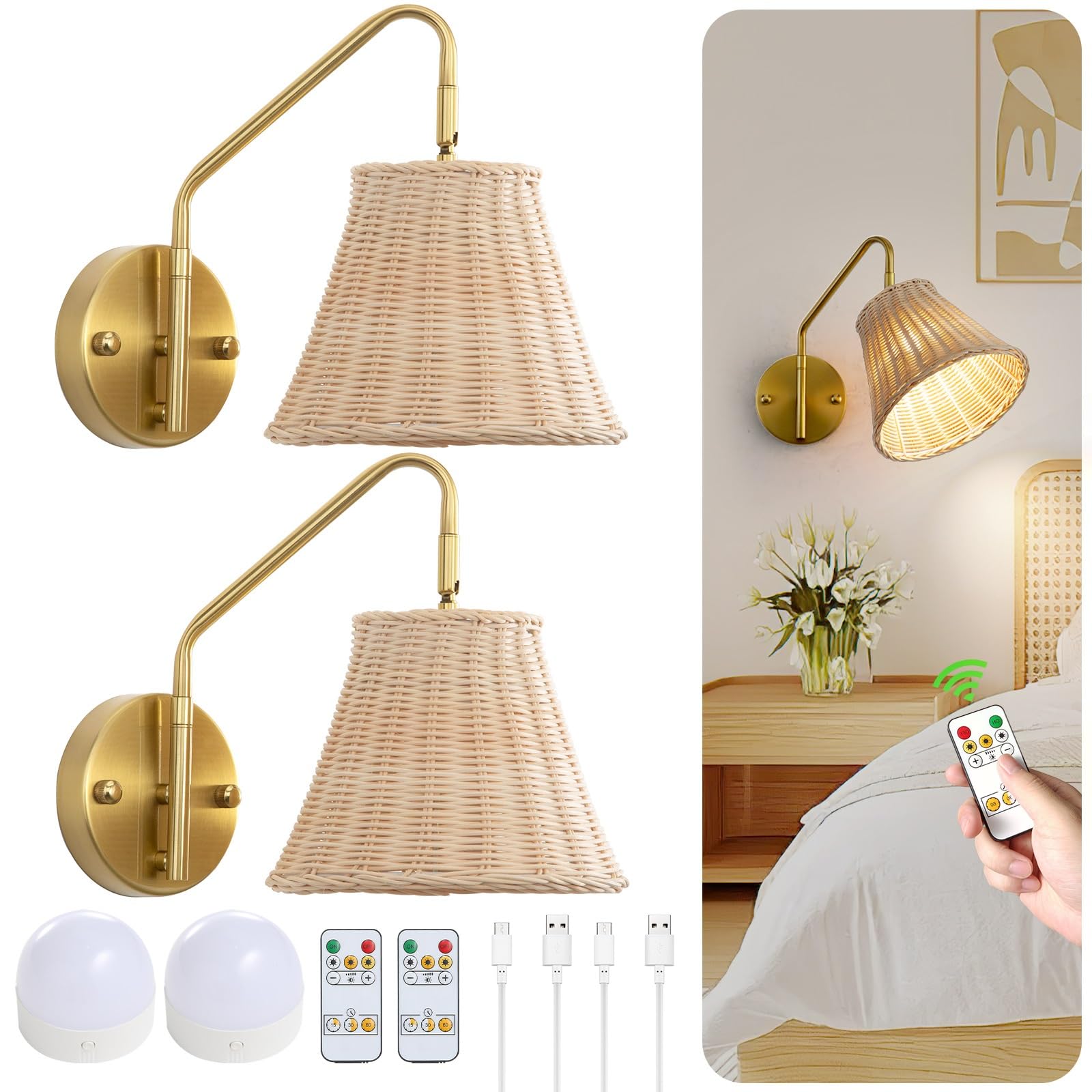 Photo 1 of Boho Battery Operated Wall Sconce, 100% Natural Rattan Wall Sconces Set of Two Battery Operated, Adjustable Battery Wall Sconce, Remote Rechargeable Sconce, Wirless Battery Sconces for Bedroom
