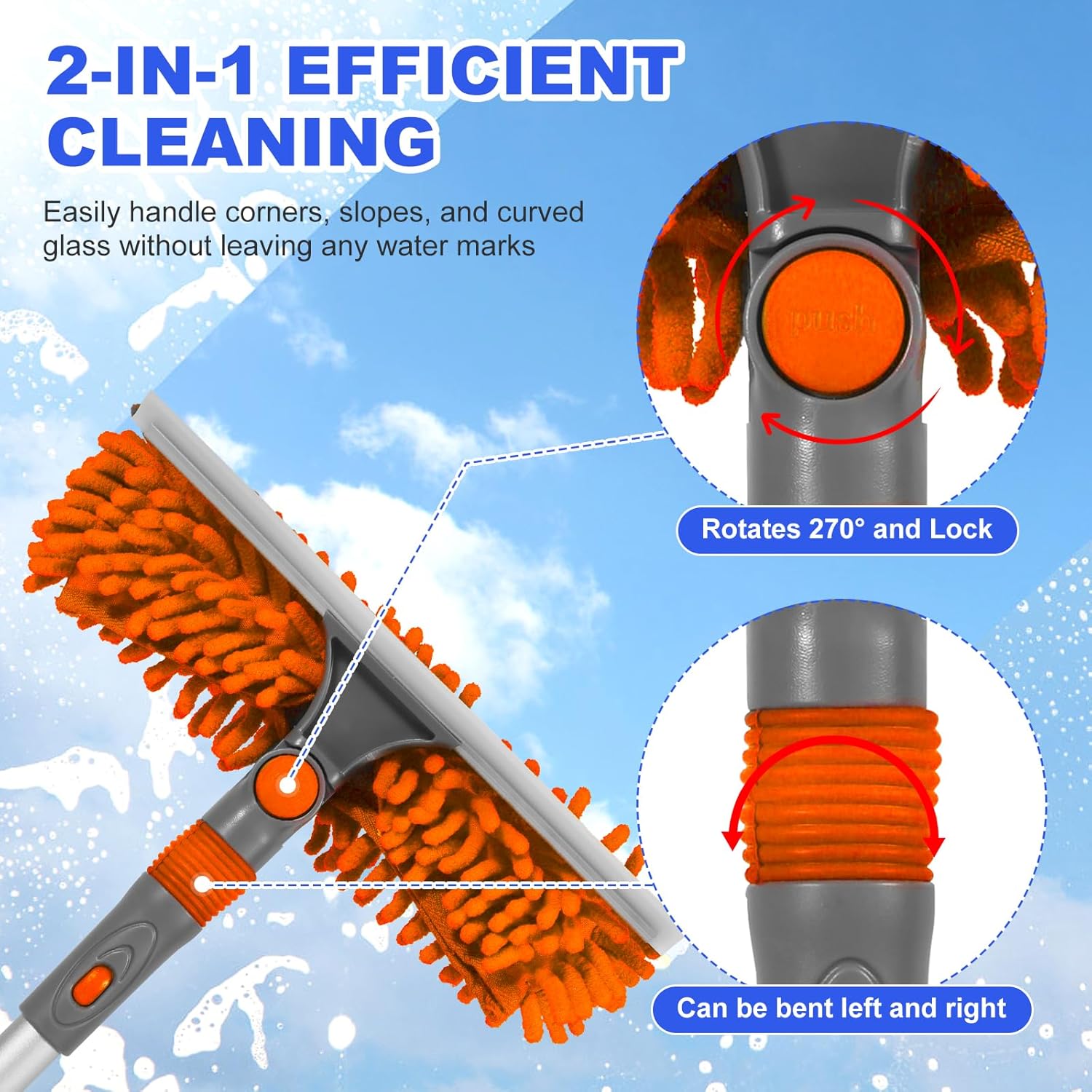 2 in 1 Window Cleaner Tool with Extendable Pole Versatile Water Absorbing Window Squeegee Kit for Car Indoor Outdoor Use.(Orange)