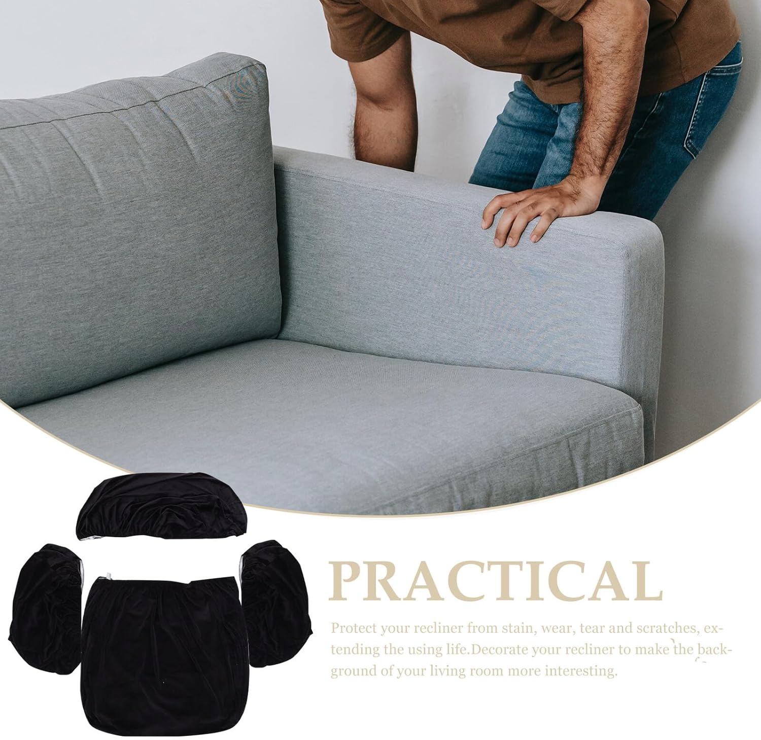 Recliner Slipcover Set 4pcs Black Stretch Silver Fox Velvet Chair Cover Thick Padded Non-Slip Protector for Indoor Rocking and Reclining Chairs