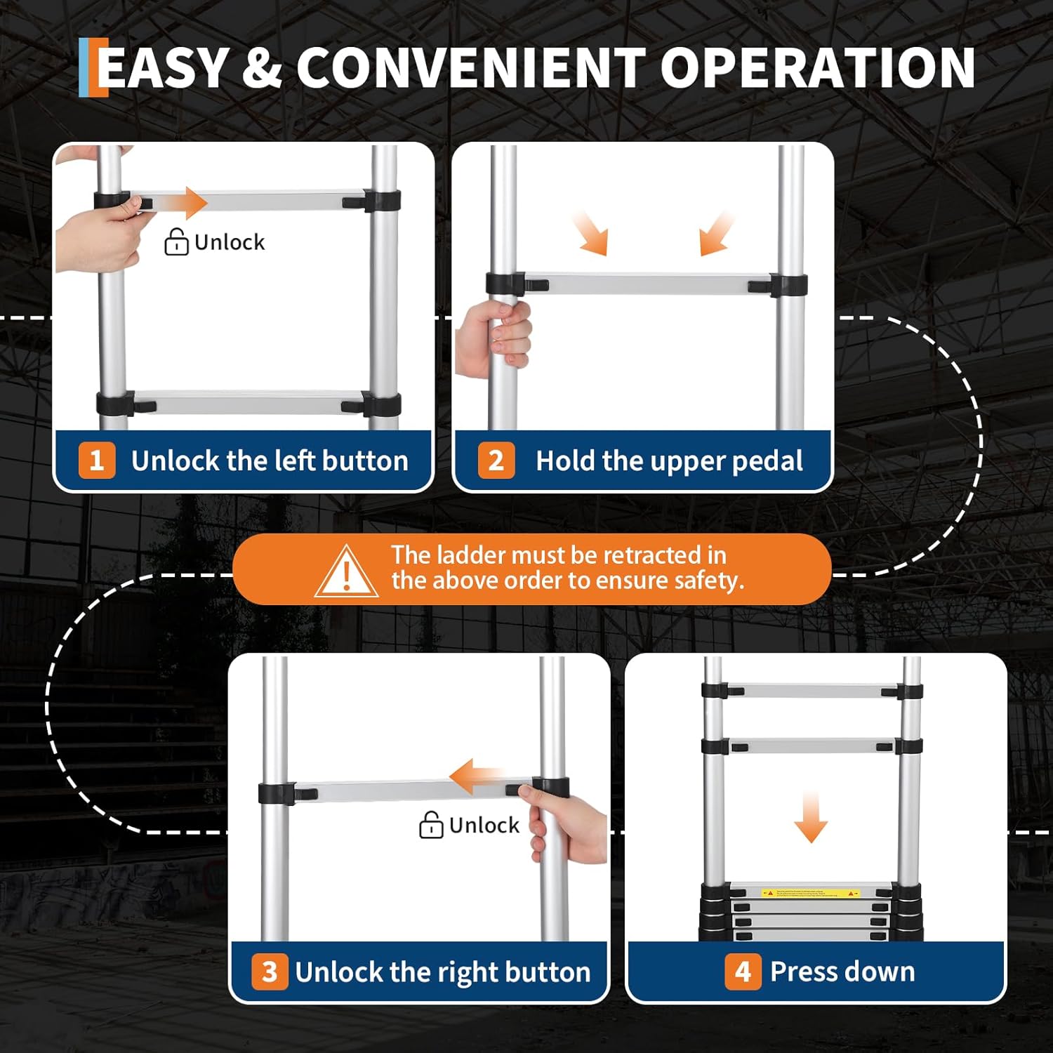12.5FT Telescoping Ladder, Aluminum Extension Ladder with Safety Lock, 330lbs Capacity, Multi-Purpose Collapsible Ladder for Home Work RV Outdoor Silver
