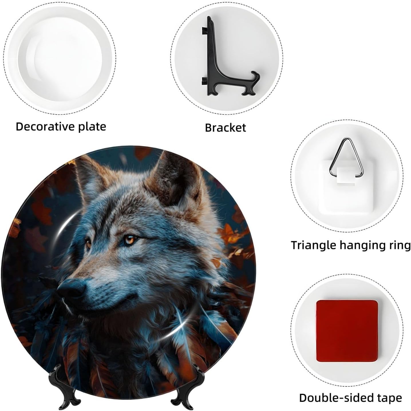Decorative Plate 10in Bone China Dessert Plates with Display Stand Ceramic Ornament Ceramic Autumn leaves and a wolf Decorative Plates Art Crafts Porcelain Plate for Home Club Living Room