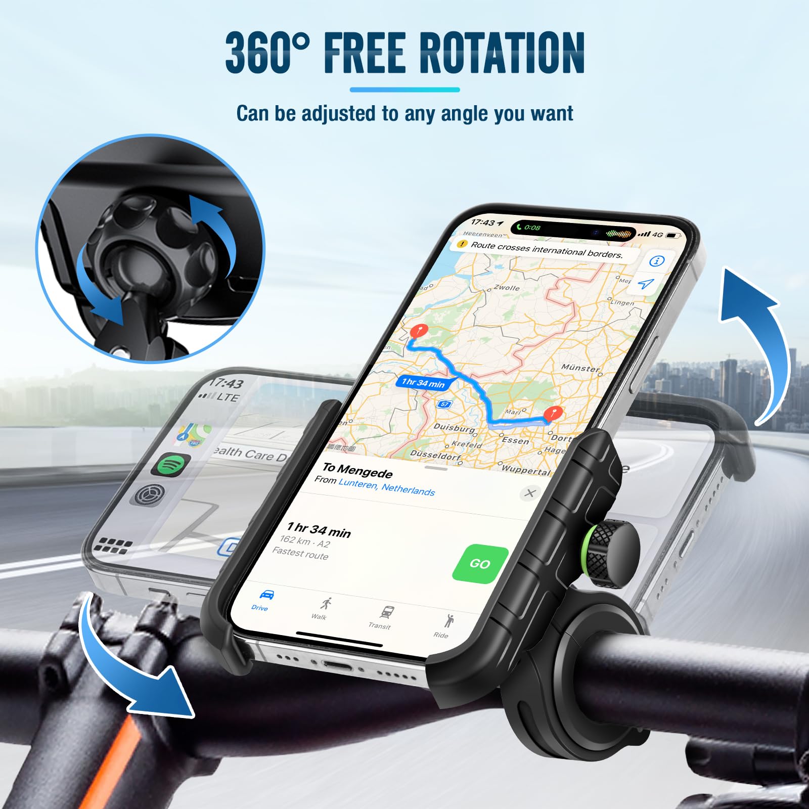 Porta Cellulare Bici, Supporto Telefono per Moto Universale Anti-Shake, Supporto Smartphone per Bici Manubrio MTB Scooter 360° Rotabile Compatibile con 3.5"-7.0" iPhone Samsung Huawei (Nero)