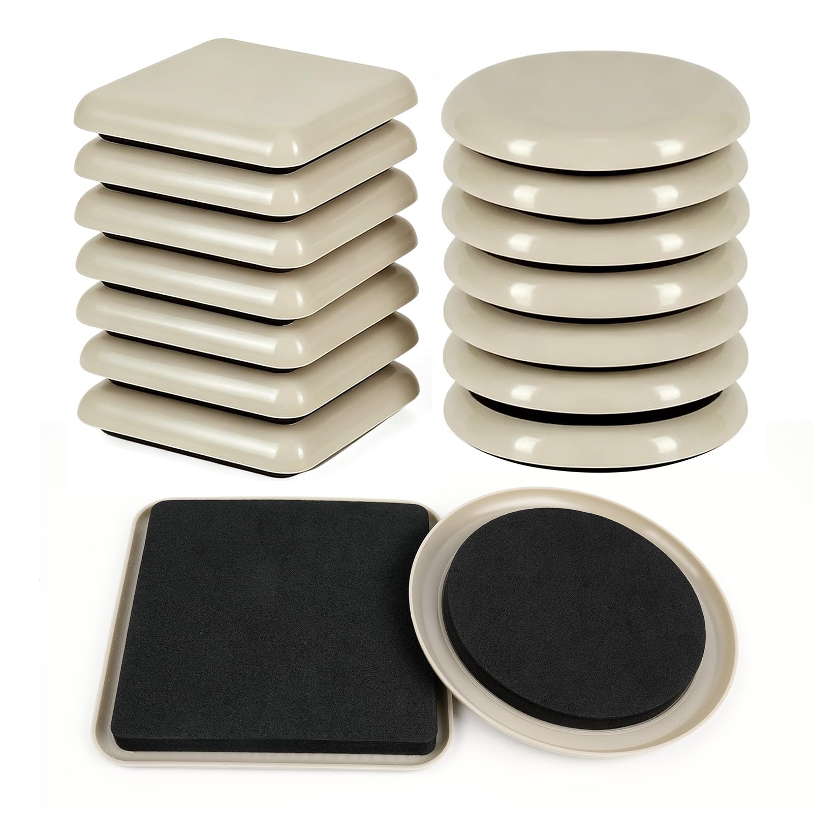 CAIYUANGUANGJIN 16Pcs Furniture Sliders for Carpet, 12cm Round Square Heavy Duty Furniture Moving Pads with Dual-Layer PE Plastic EVA Foam, Reusable Floor Protector for Sofa Bed Fridge Washing Machine