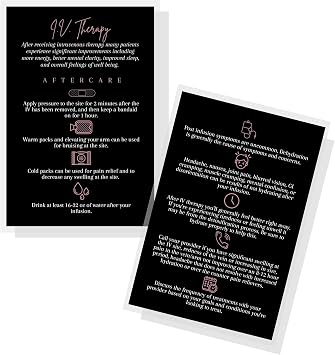 Lashicorn IV Therapy Aftercare Instruction Card | 30 Pack | 4x6 inch Postcard | Therapy Supplies | Hydration Therapy | Drip Therapy | Black and Rosey Pink Design