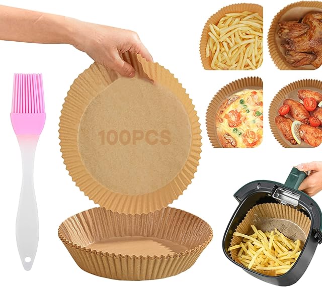 100 PCS Air Fryer Disposable Paper Liner 7.9 Inch/ 9 Inch Non-Stick Baking Paper with Oil Brush for Air Fryer Parchment for Baking Roasting Microwave Oil-Proof Water-Proof (Round Natural) (20CM)