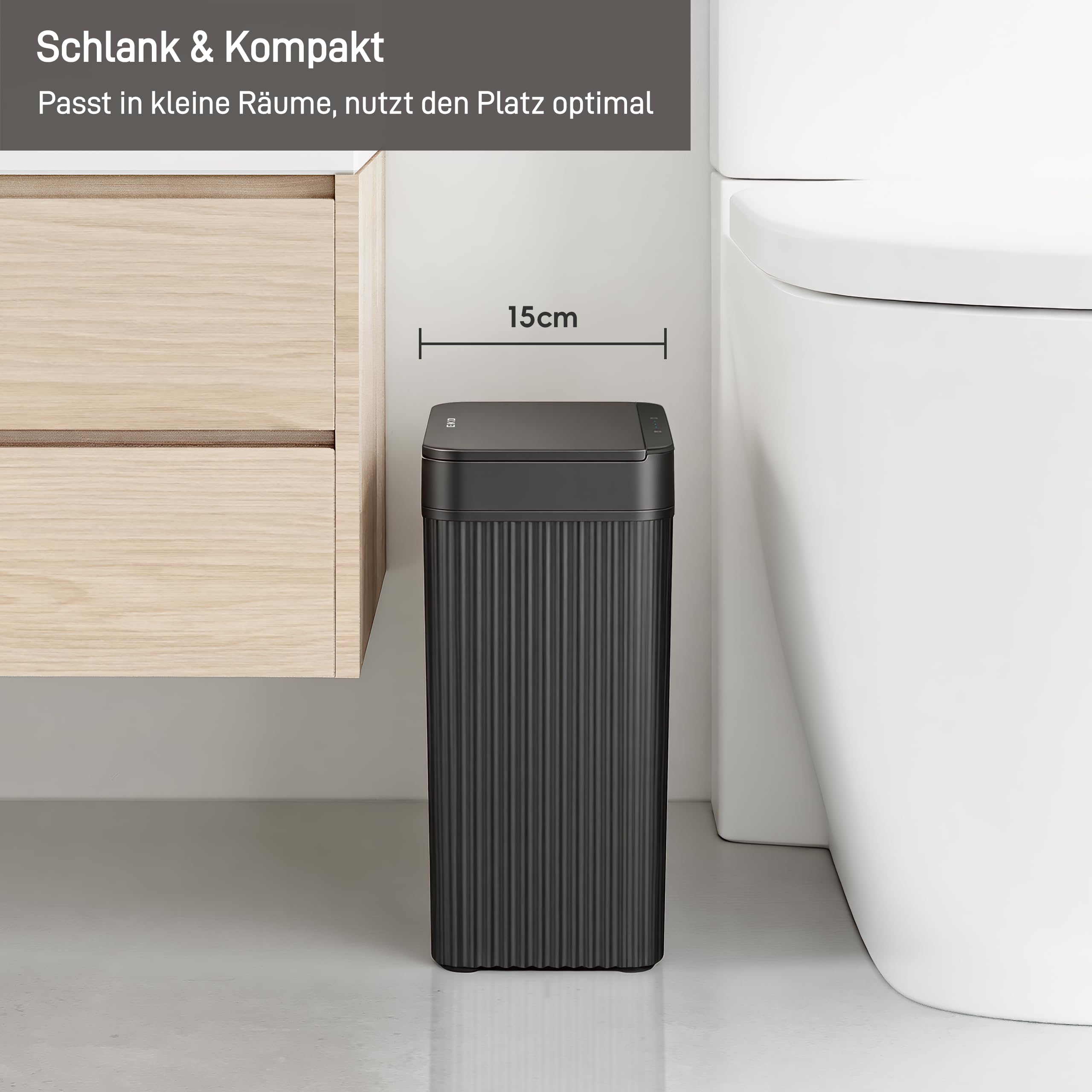 EKO Badezimmer Mülleimer mit Sensor, Schlanker Sensor Abfalleimer, Wasserdichter, Soft Close, Bewegungssensor-Kosmetikeimer für Bad, Büro und Küche, Carbon-Schwarz, 10L, Hochwertiger Kunststoff