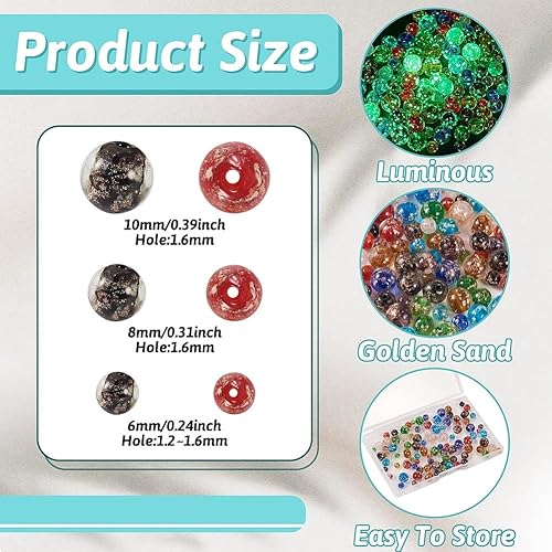 Miniatura 6 de 96 cuentas de cristal luminosas que brillan en la oscuridad, cuentas de arena dorada de 0.236 in, 0.315 in, 0.394 in, espaciadores redondos para