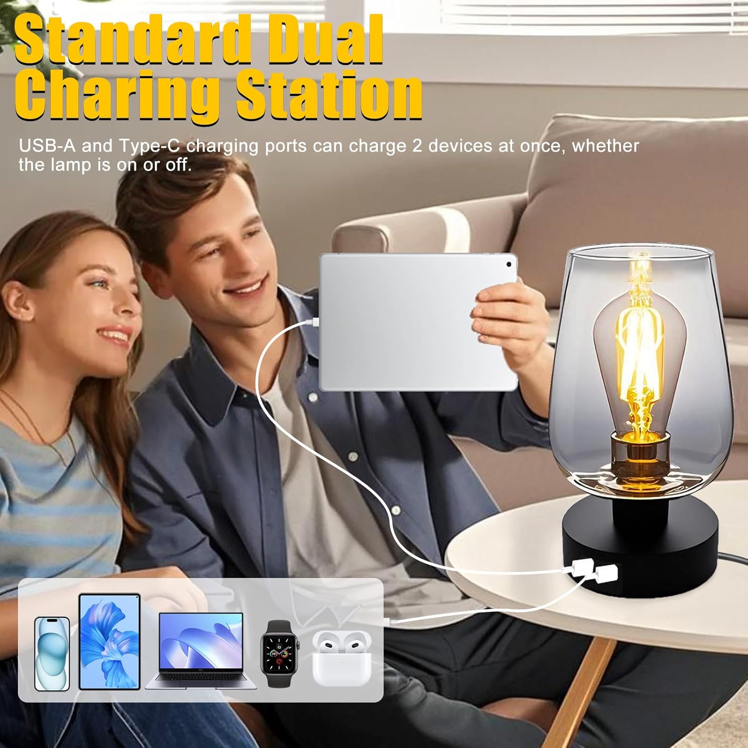 INVGOOD 3 Way Dimmable Touch Bedside Table Lamp, Black Glass Small Desk Lamp with Three Charging Ports for Bedroom Living Room Nightstand, 800LM LED Warm White Bulb Included