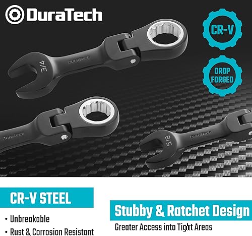 Miniatura 5 de DURATECH Stubby - Juego de llaves combinadas de trinquete de cabeza flexible, SAE, 8 piezas, 516" a 34", acero CR-V, revestimiento electroforético