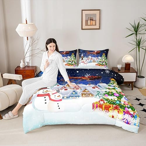 Miniatura 3 de Manfei Juego de ropa de cama de Navidad, tamaño matrimonial, diseño de muñeco de nieve, árbol de Navidad, Papá Noel con reno, juego de edredón de 3