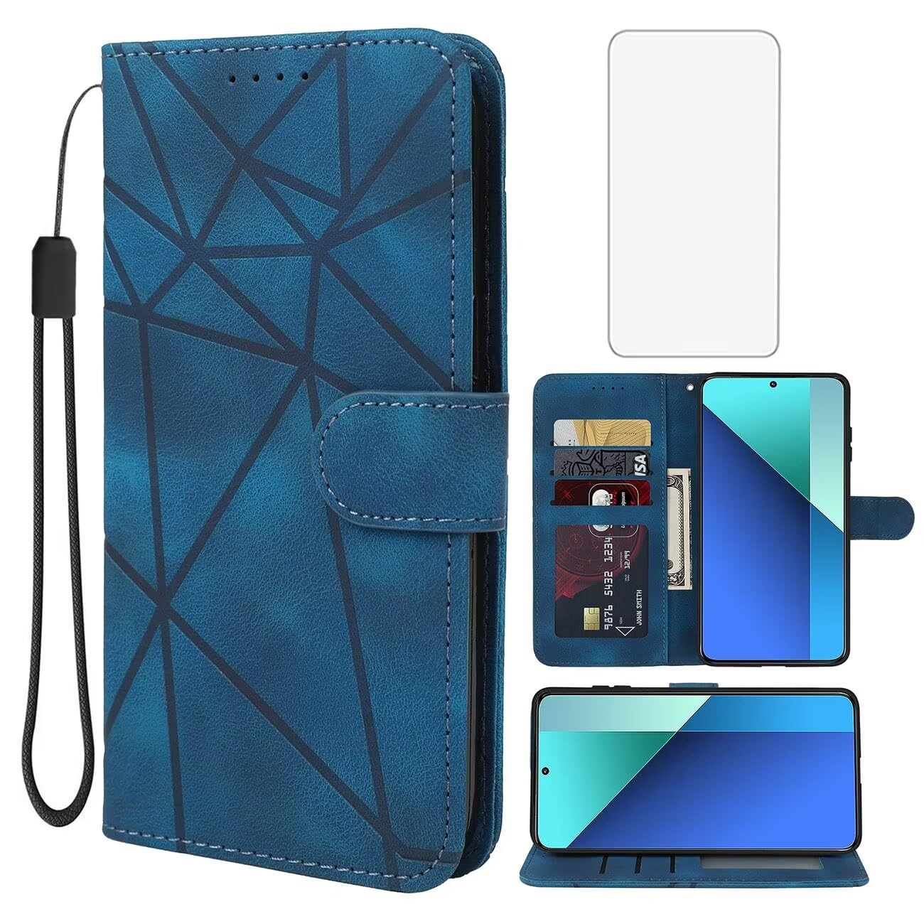Case for Redmi Note 13 4G, 23129RAA4G Wallet Case with Tempered Glass Screen Protector, Skin Feel PU Leather Flip Credit Card Holder Stand Phone Cover for Xiaomi Redmi Note 13 4G Blue
