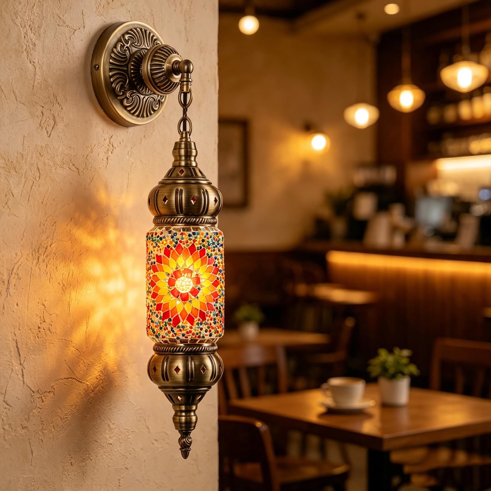 Yjmgrowing Orange Turkish Mosaic Wall Sconce, Moroccan Handmade Hanging Wall Lamp