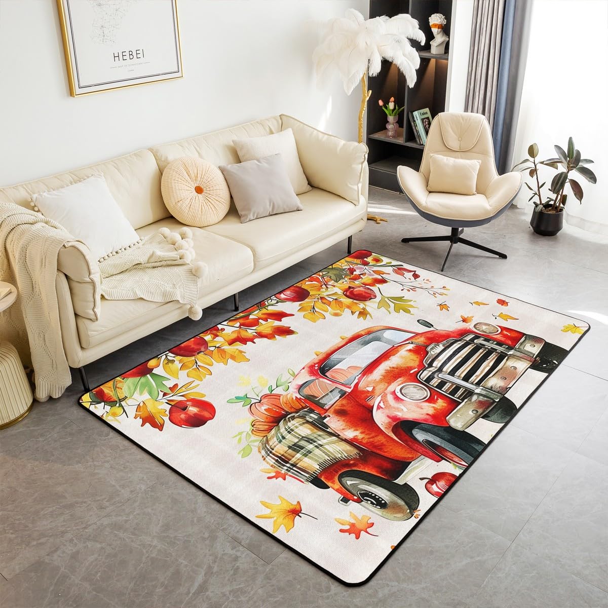 Dywan z motywem dyni 150 x 200 cm, Święto Dziękczynienia z nadrukiem samochodów nie gubi włosia prostokątny dywan, jesienne żniwa dzieci dziewczęta wewnętrzna mata podłogowa do salonu sypialni,