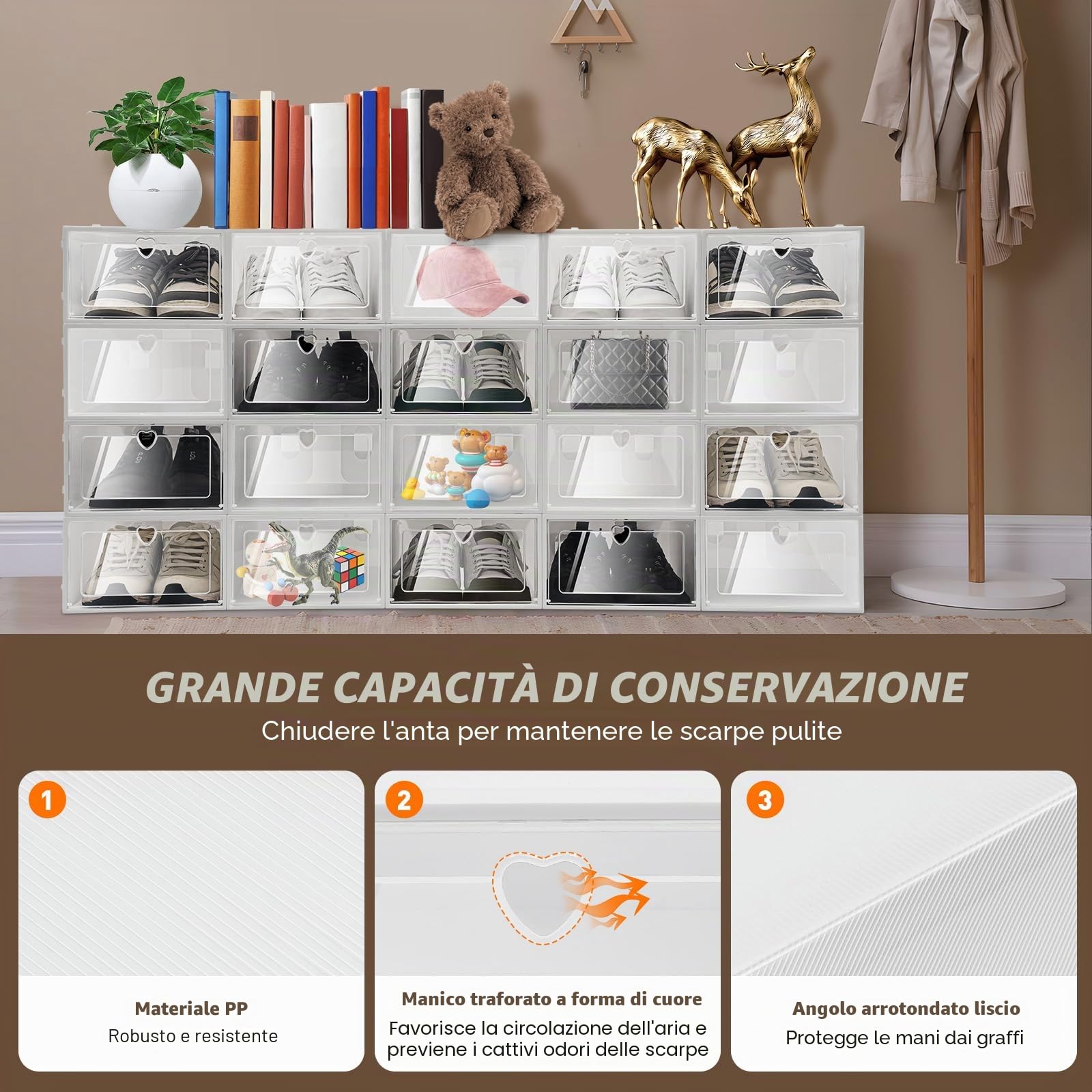 20 scatole per scarpe, in plastica trasparente, pieghevoli, impilabili, organizer per scarpe, contenitori per armadio, camera da letto, piccoli spazi (bianco)