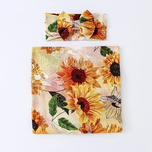 Miniatura 9 de Galabloomer Conjunto de diadema para recién nacido, con estampado de flores, manta para envolver al bebé (flor marfil)