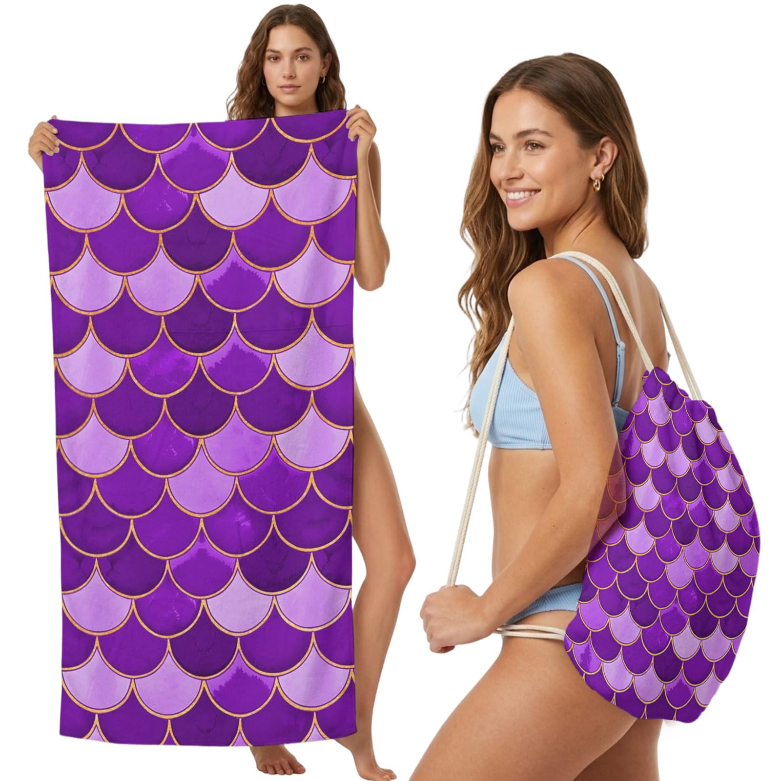 Beach Towel Bag 2 in 1 Purple Fish Scales Bath Pool Towels Backpack Ombre Fish Tail Absorbent Beach Towel Soft Quick Dry Lightweight Packable Towels Drawstring Bag for Travel Camping Sports Picnic