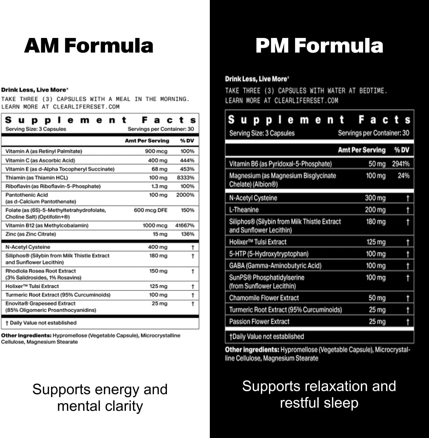AM + PM Daily Supplement System – Morning Energy & Evening Relaxation Support – B Complex, Magnesium, NAC, L-Theanine – 30 Day Supply (90 AM + 90 PM Capsules)