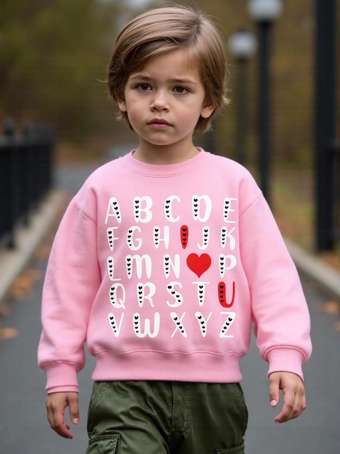Kids Valentines Day Sweatshirt Girls Boys Valentine's I LOVE U Heart ABC Toddler Shirt Graphic Long Sleeve for 2-7T