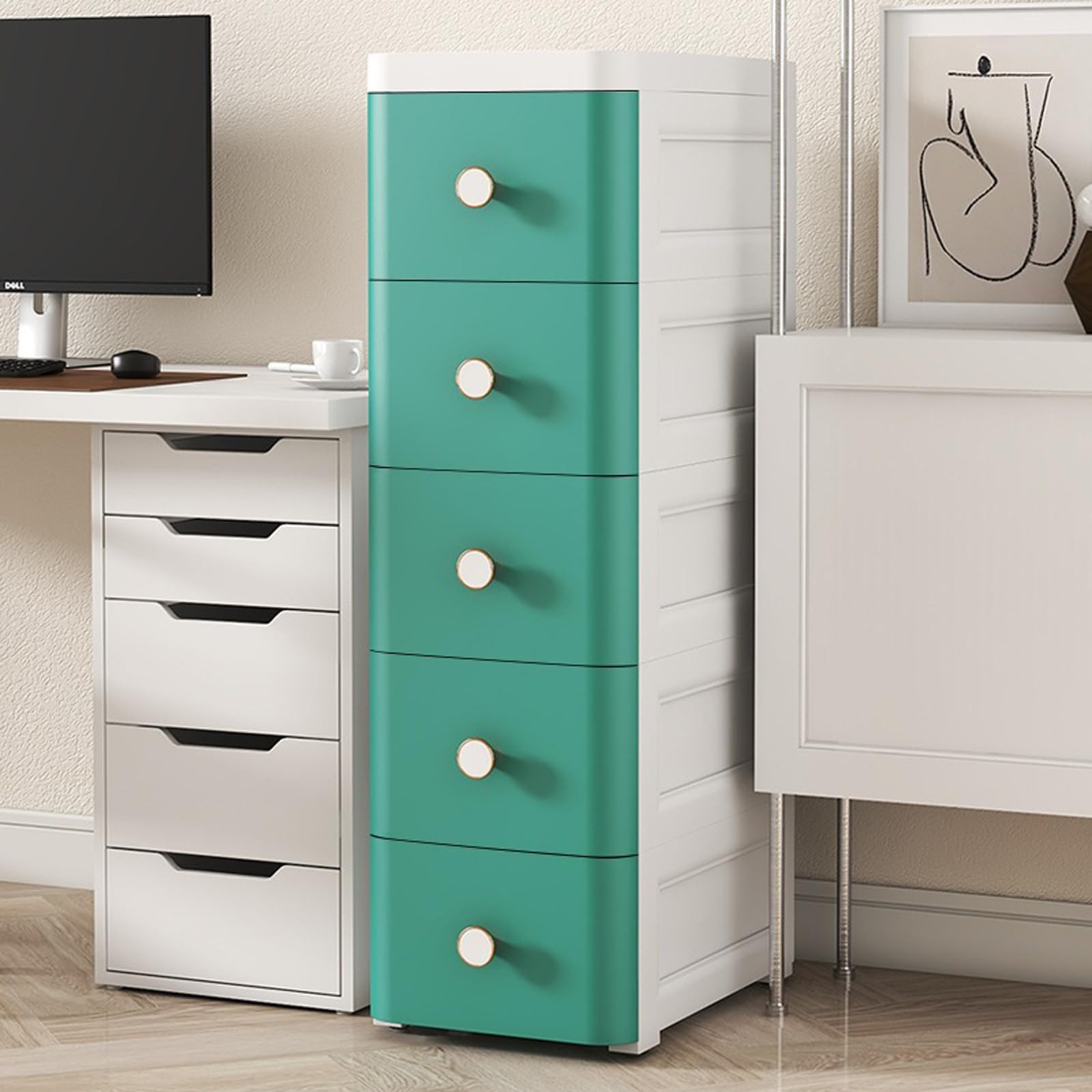 Cajonera de plástico con ruedas para ahorrar espacio, color blanco, 25 cm