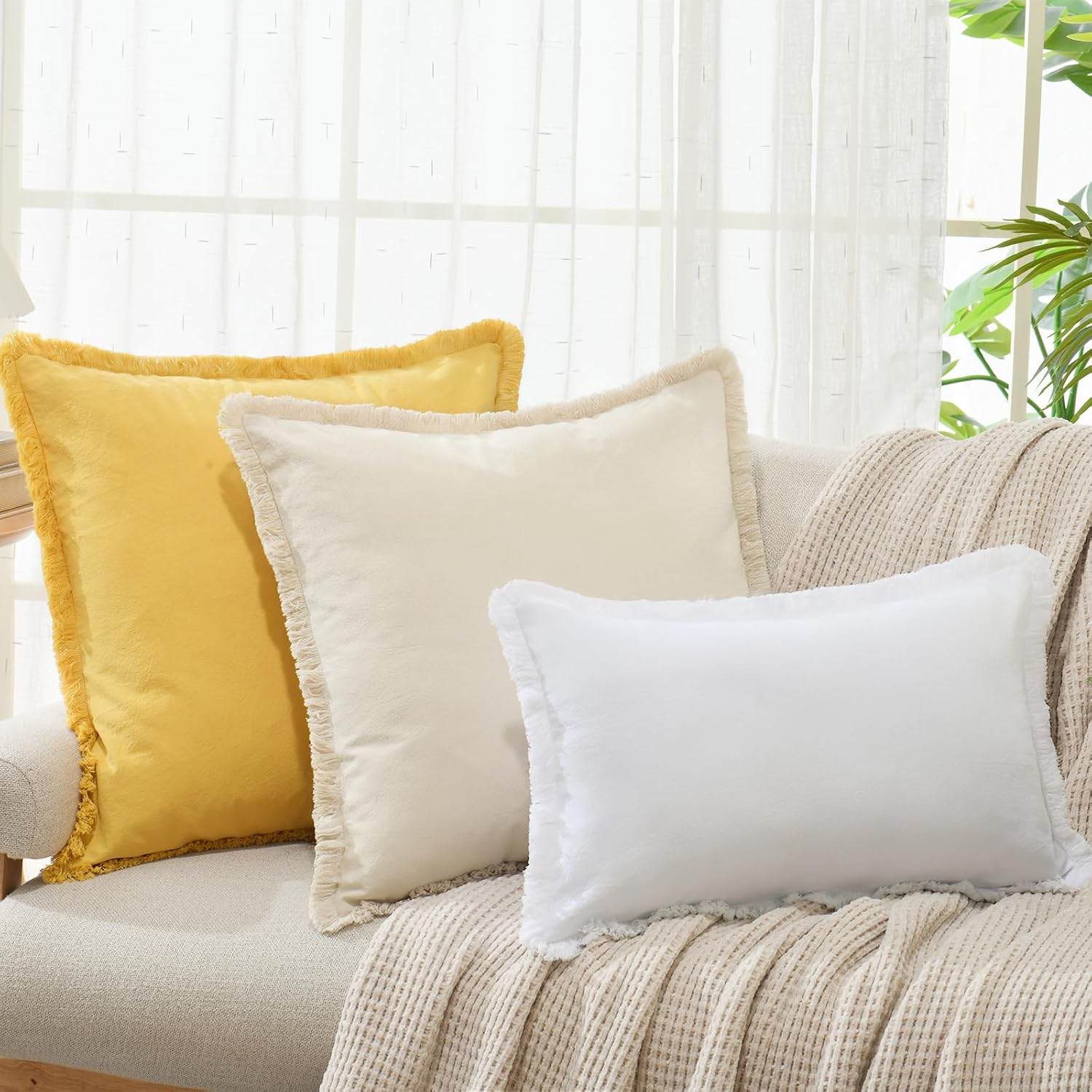 ZWJD Pillow Covers 22x22 Set of 2 Beige Throw Pillow Covers with Fringe Chic Cotton Decorative Pillows Square Cushion Covers for Sofa Couch Bed Living Room Farmhouse Boho Decor