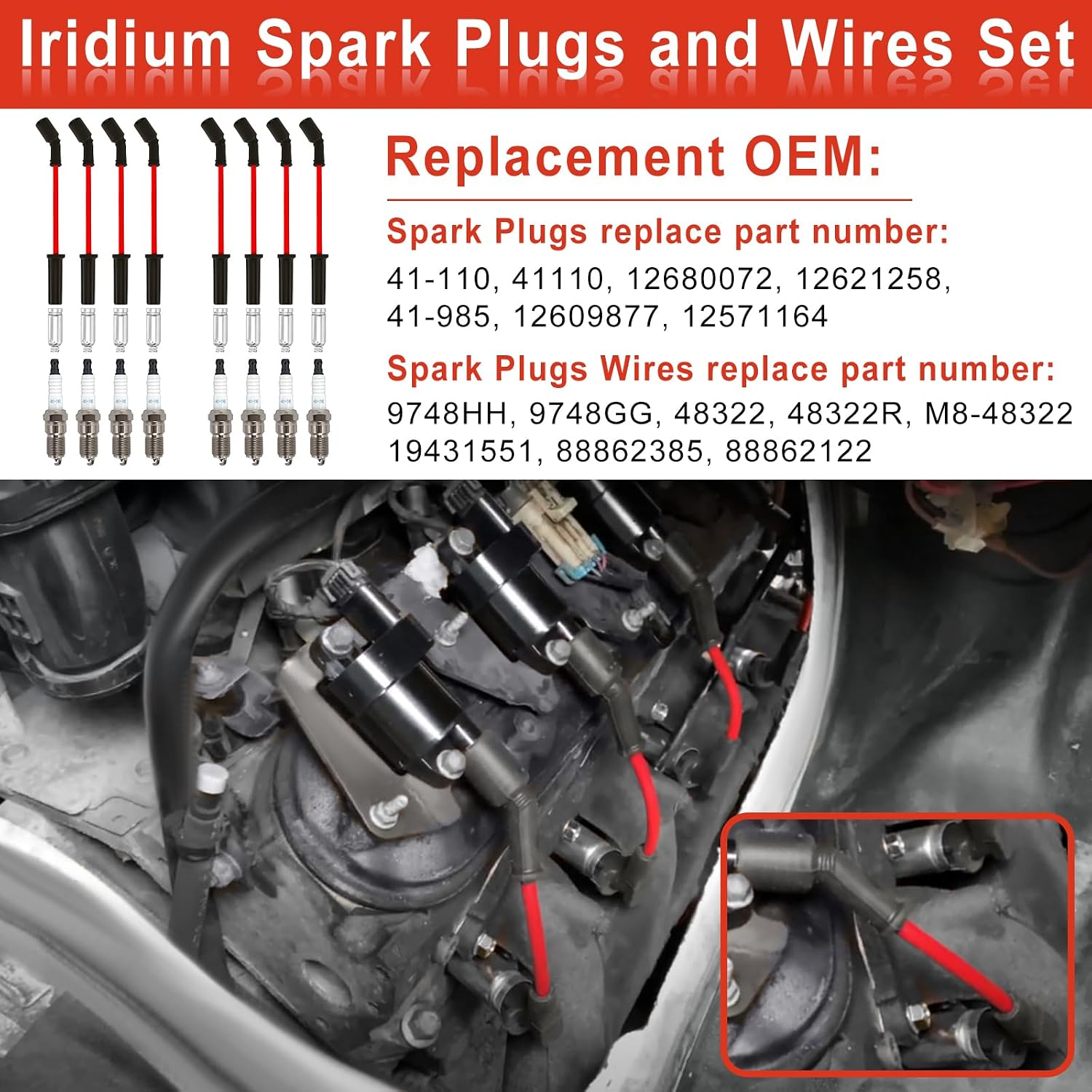 9748HH Spark Plug Wires Set with 41-110 Iridium Spark Plugs Compatible with Chevy Silverado Tahoe Suburban GMC Sierra Yukon Cadillac Escalade 4.8 5.3 6.0 6.2 V8, Replace 41-162 48322 9748GG (8 Set)