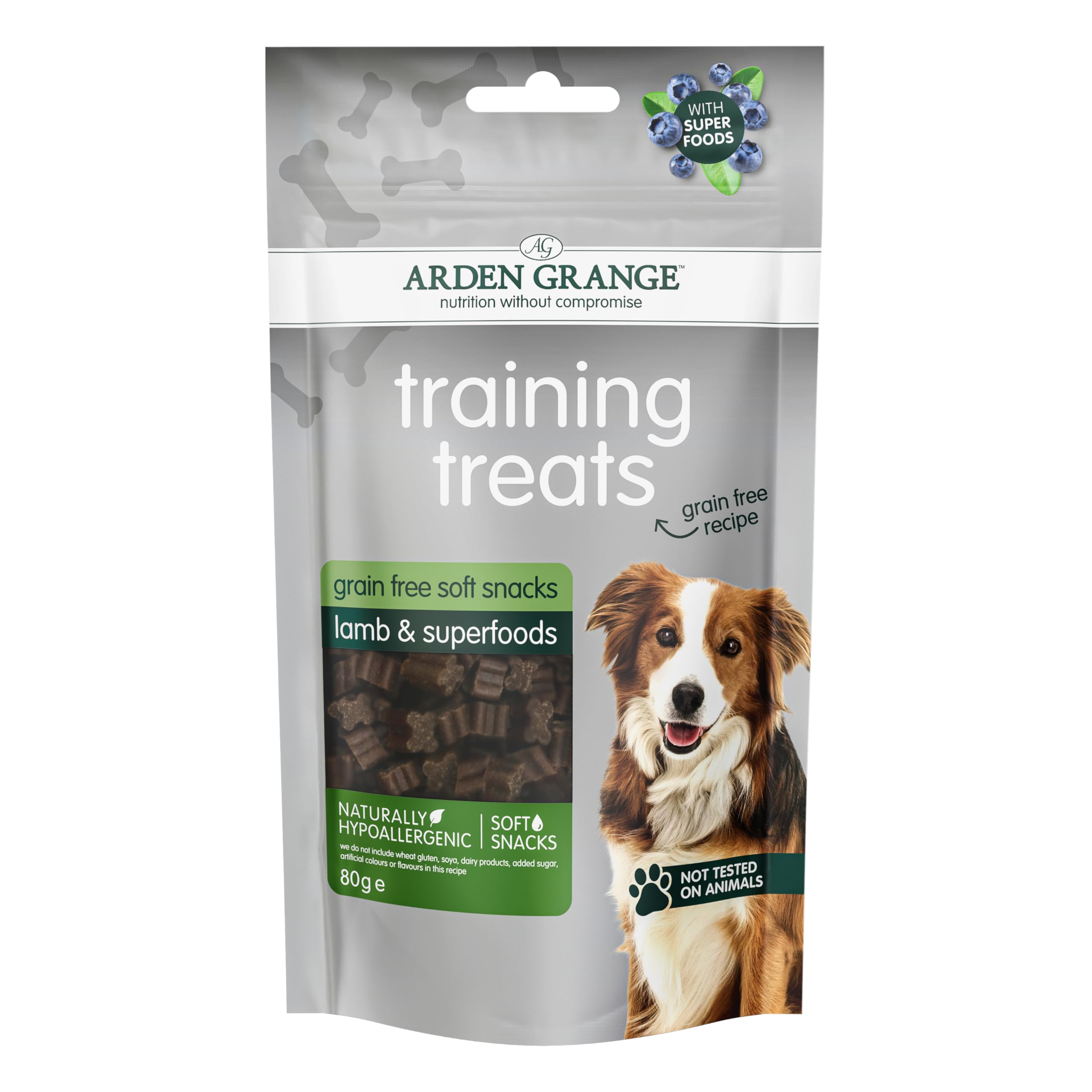Arden Grange Grain Free Training Treats Lamb & Superfoods 10 x 80 g - Soft Natural Rewards with 30% Fresh Lamb, Antioxidants and Prebiotics - Low Fat, Hypoallergenic, Made in England