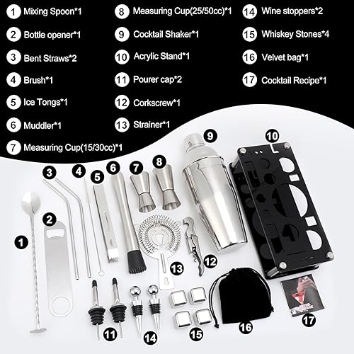 Miniatura 2 de Juego de coctelera de 22 piezas con soporte acrílico y 4 piedras de whisky, herramientas profesionales de bar para mezclar bebidas, hogar, bar,