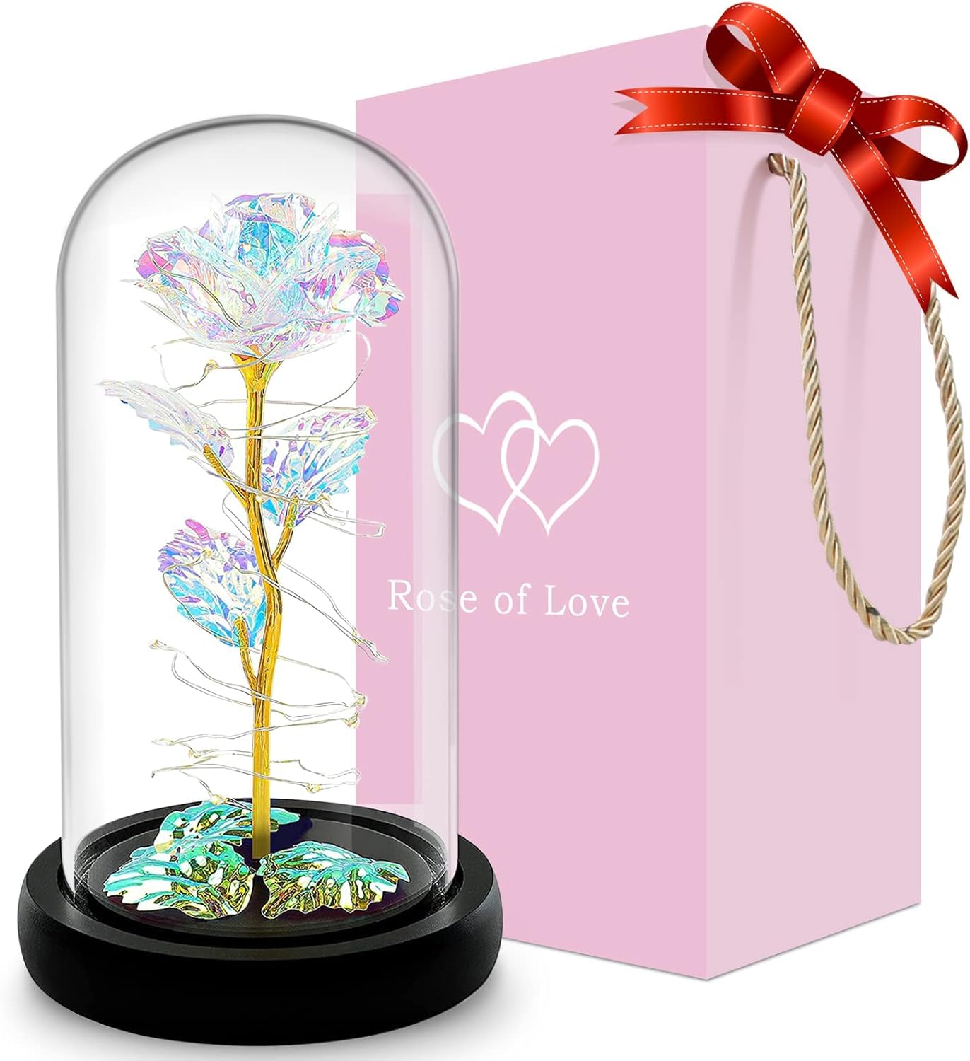 LEXSO Preserved Flower Gift,Light Up Rose in Glass Dome Artificial Rose Light Eternal Forever Rose Flower Personalized Gifts for Mom, Friend, Women, Valentine's Day, Birthday (Rainbow Rose)-image-31