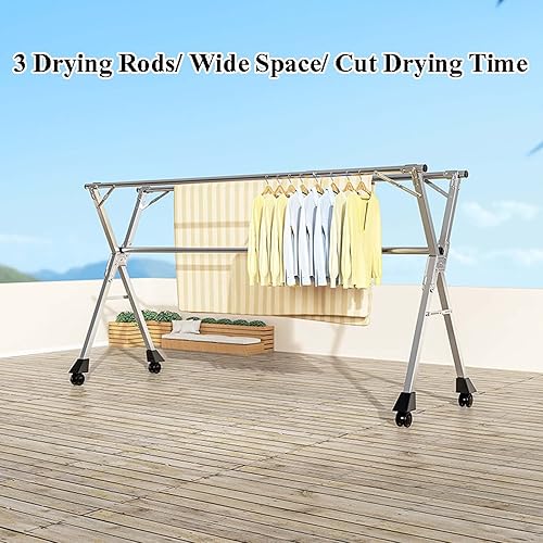 Miniatura 2 de HUHJYUGE Estante de secado de ropa plegable, estante de lavandería con ruedas, estante de ropa resistente, soporte plegable para ahorrar espacio,