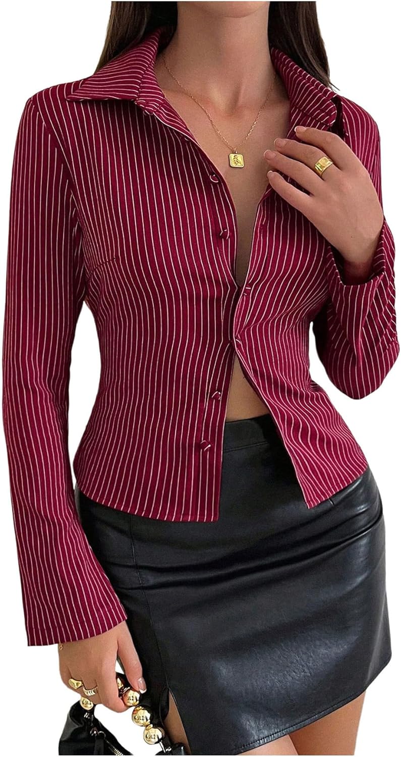 SweatyRocks Women's Striped Collar Long Sleeve Slim Fit Button Down Shirts Work Blouse