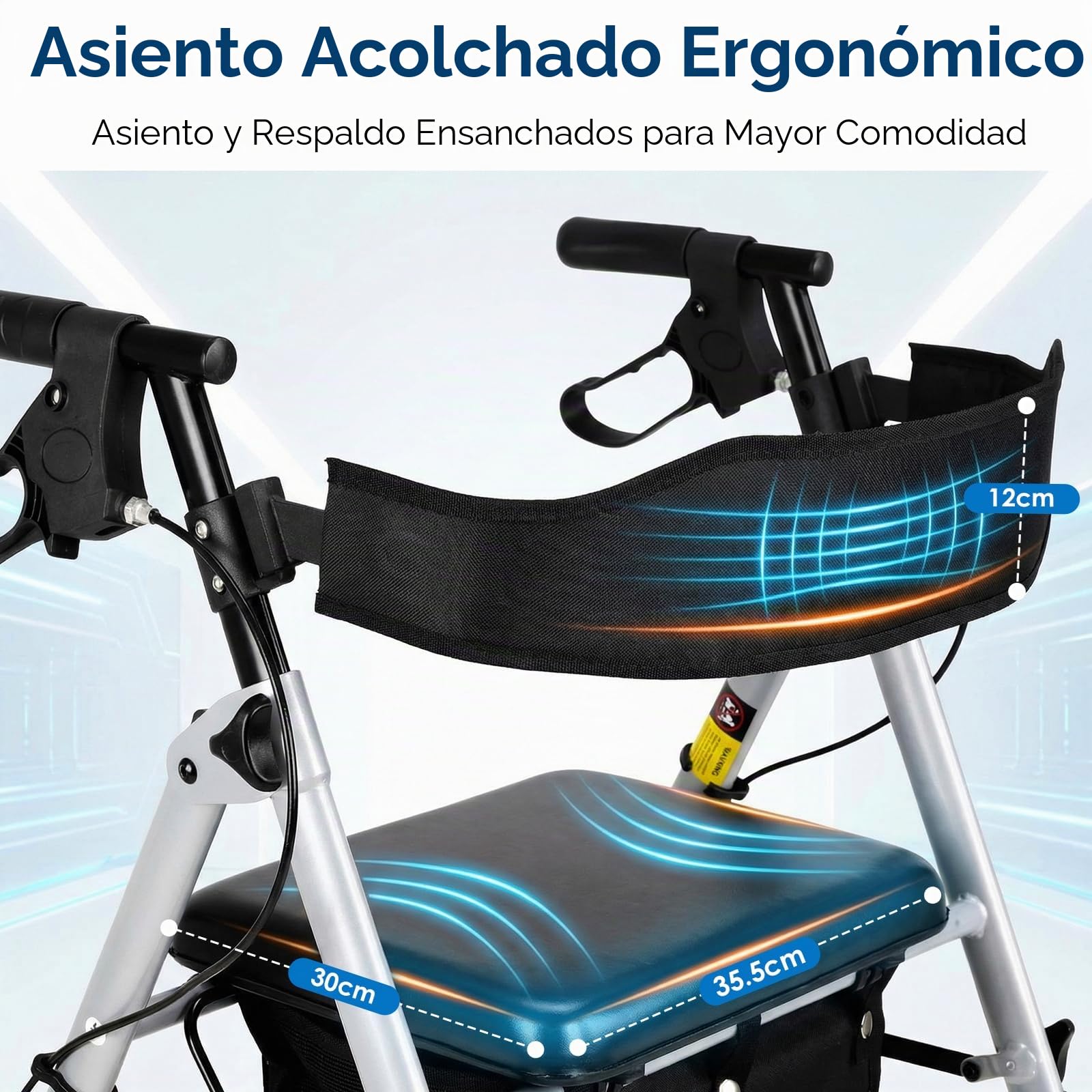 Andador para Ancianos, 4 Ruedas Andadores Adultos Plegable con Asiento | para Todo Terreno, Regulable en Altura Asiento y Mango de Altura, Frenos Manuales y Bloqueables, con Bolsa de Almacenamiento