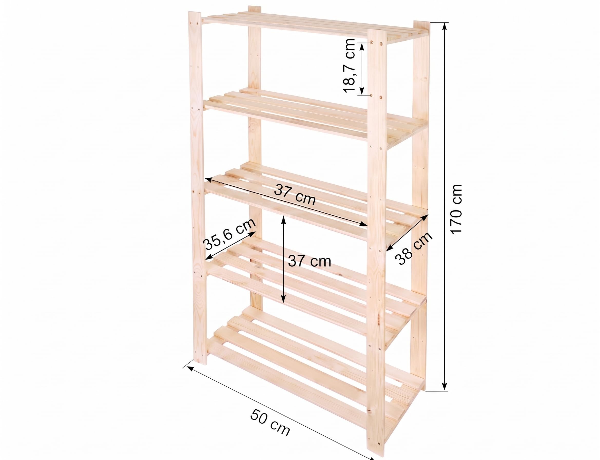 Estantería de Madera 170x50x38 cm con 5 Baldas Estantería de Pie para Garaje Sótano Salón Baño Cocina Estantería de Almacenamiento de Madera de Pino Color Natural