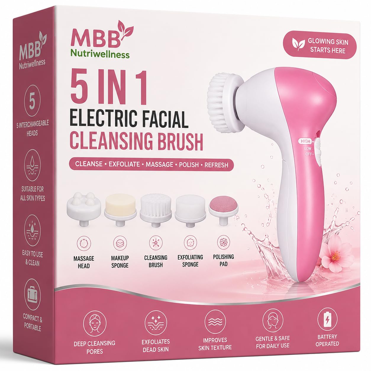 5 in 1 Electric Facial Cleansing & Exfoliating Massager Kit, Deep Skin Cleanser, Anti-Aging Face Massage Machine with 5 Rotating Heads for Smooth, Glowing Skin, Portable Beauty Care Tool-image-30