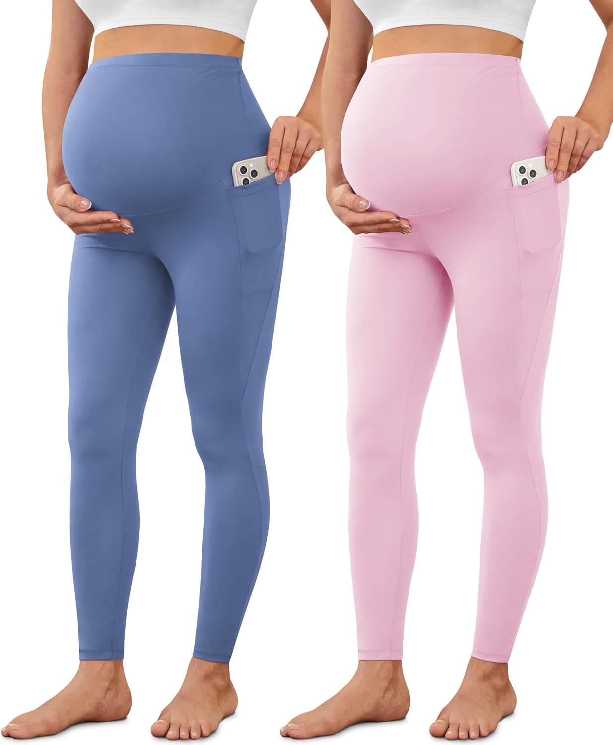 VALANDY Creamlush 2 Pack Women's Maternity Leggings with Pockets Over The Belly,Soft Comfy Active Yoga Lounge Pregnancy Pants