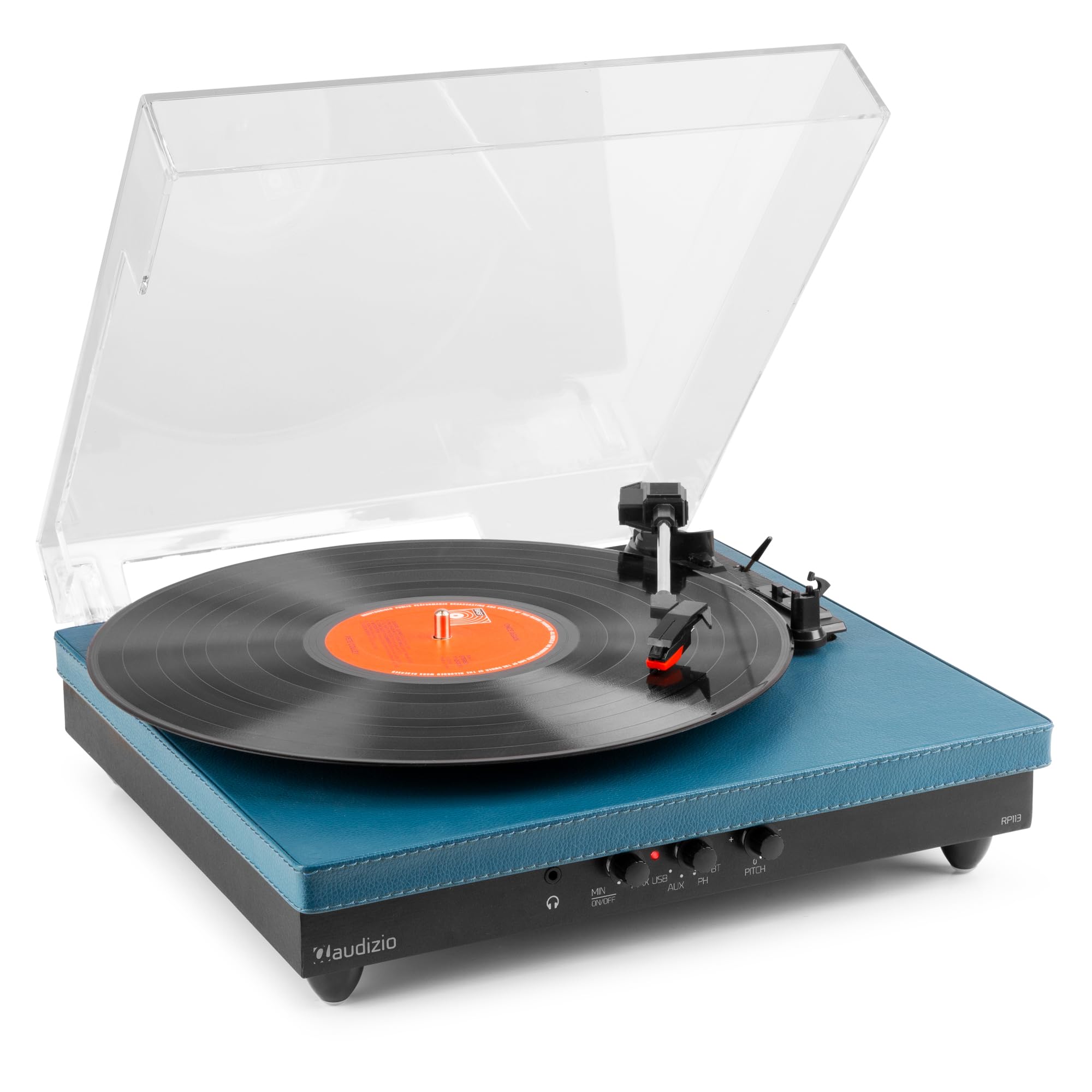 Audizio RP113D Platine Vinyle Bluetooth avec Haut-Parleurs Intégrés - Cuir Bleu Foncé, 33, 45 et 78 Tours, Émetteur Bluetooth, Une Platine Idéale pour Décorer et Écouter Vos Vinyles