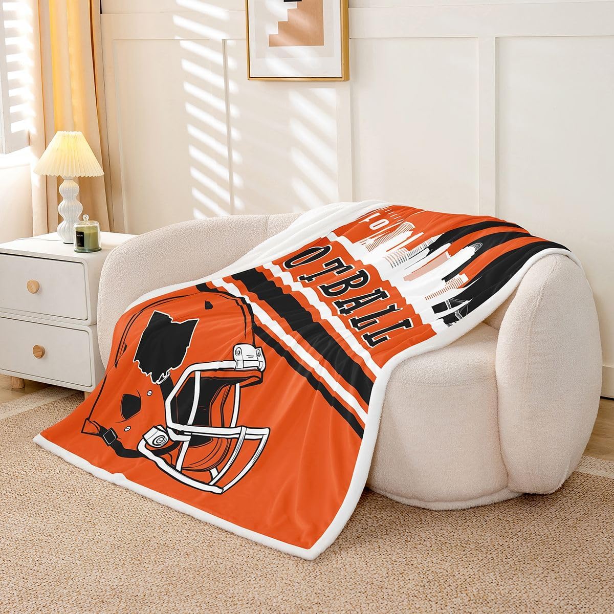 Erosebridal Twin Size Football Kids Blankets City Seasonal Color Gridiron Throw Blanket, Rugby Sports Helmets Fleece Blanket for Teens Adults Football City Silhouette Flannel