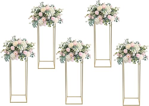 5 Pcs Metal Wedding Flower Stand, Geometric Centerpieces Vase for Tables, 31.5in Gold Flower Rack Column Floor Vase for Wedding Birthday Party