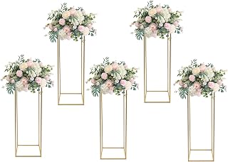 Gold Flower Stand, 5PCS Metal Column Geometric Flower Stand Floor Vase Tables Centerpieces Gold Tall Floral Display Rack Decorations Reception Floral Center Pieces for Wedding T-Stage Bar