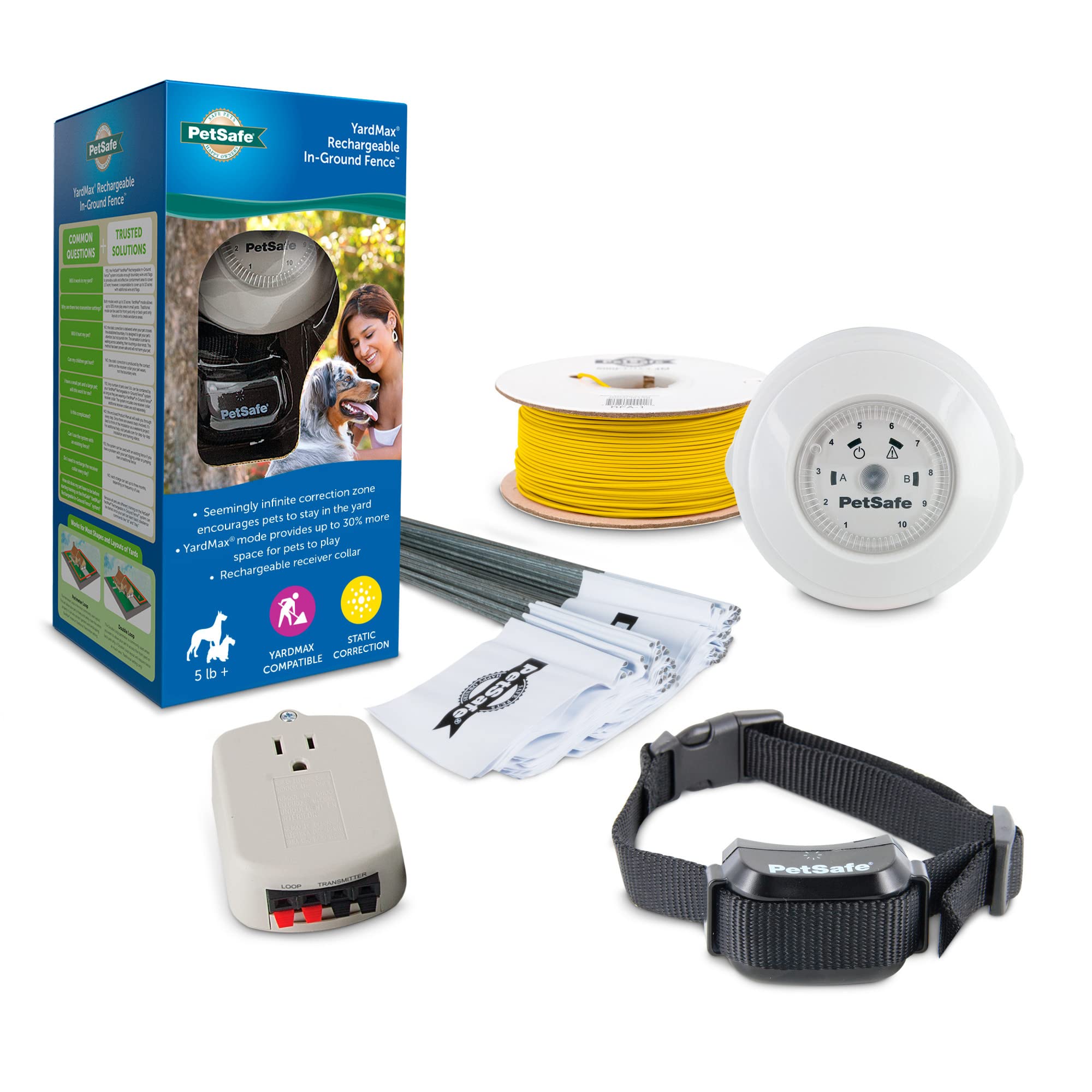 petsafe yardmax rechargeable in-ground pet fenceâ€“ 30% more yard space â€“ covers 1/3-acre yard â€“ expandable up to 10 acres â€“ for pets 5 lbs. and up â€“ from the parent company of invisible fence brand