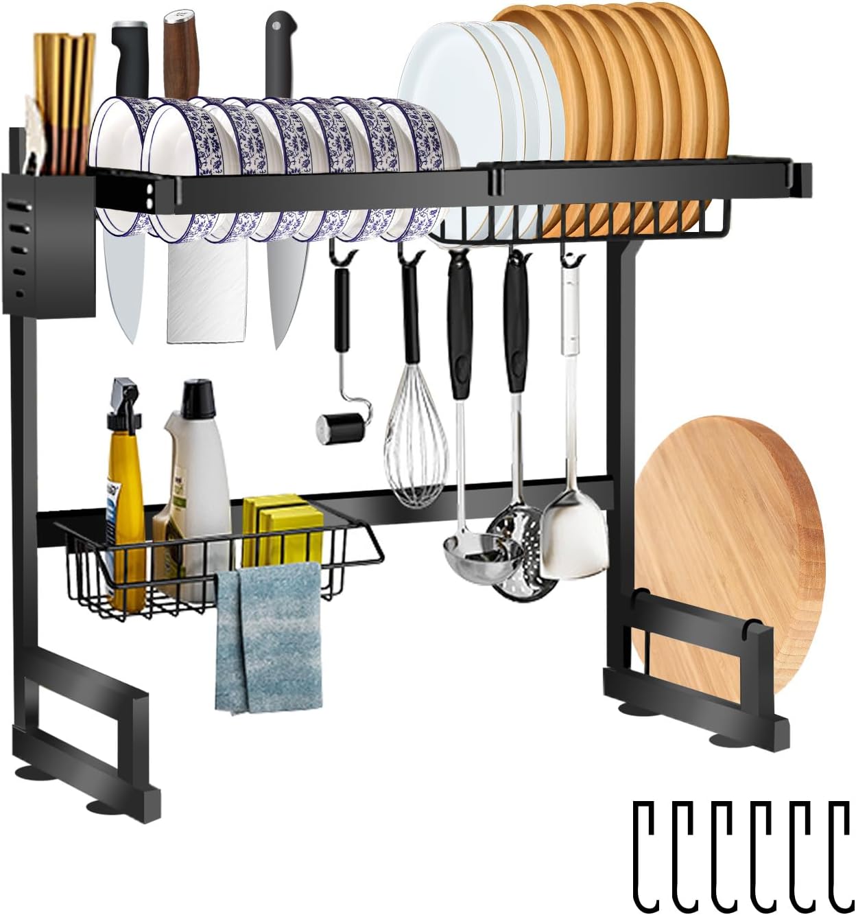 Dish Drying Rack 4 Tiers with Cover, Keep Kitchen Sink Shlef Organized Space-Saving, Large Drying Rack for Dishes, Glasses, Bowls, Cutlery Black 33.5″Double
