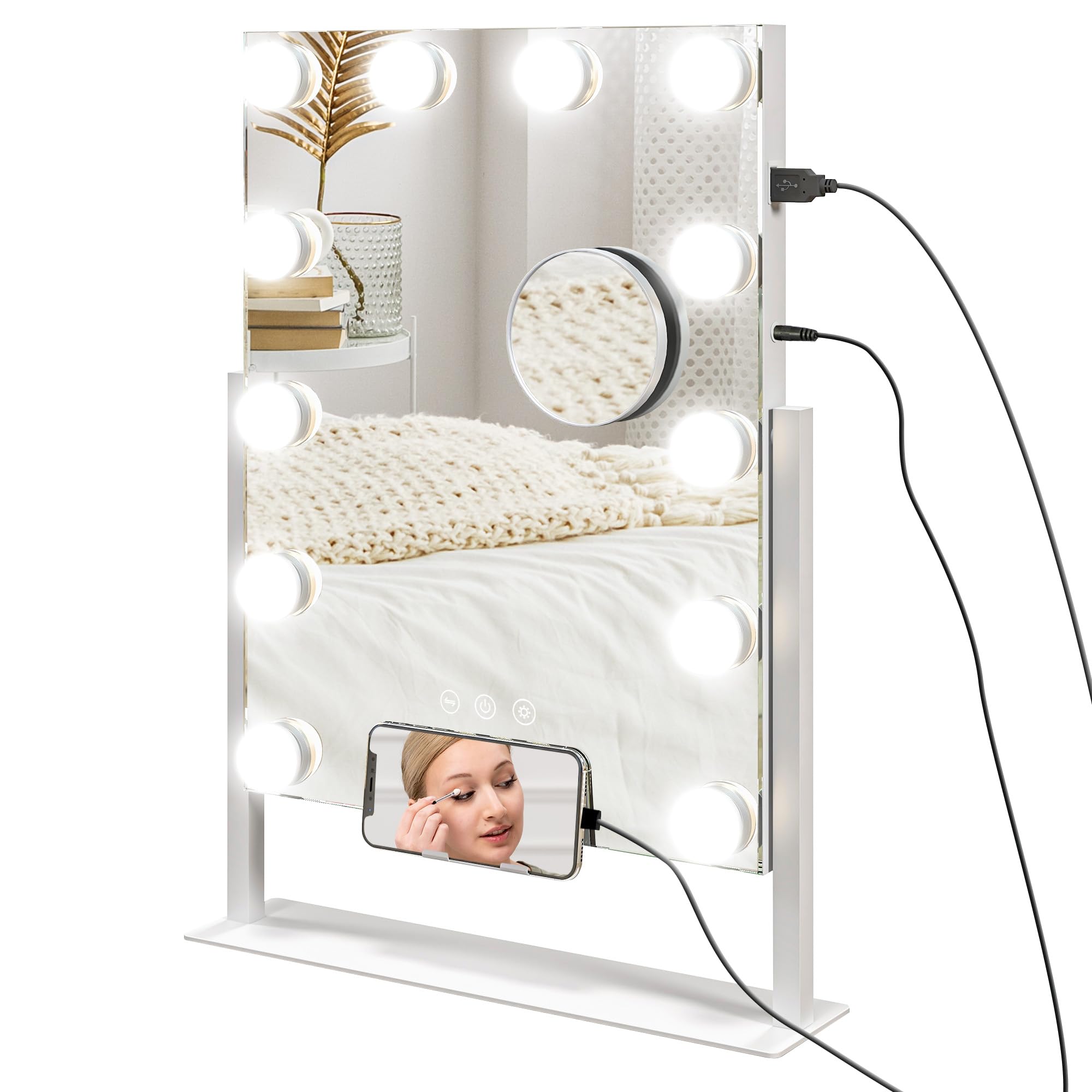 HOMCOM Hollywood Makeup Mirror with Light Rotating Vanity Mirror 30 x 40 cm with LED Bulbs Adjustable Lighting Modes Touch Switch Phone Holder and USB Port White
