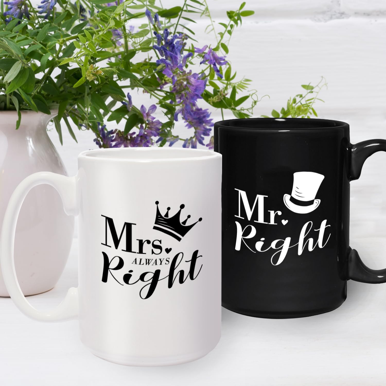 Mr. Right And Mrs. Always Right Mugs / 2 Jumbo 15 Ounce Black And White Matching Ceramic Mugs / Funny Couples Wedding Coffee Cup Present Set / One Black Mug One White Mug Relationship Cup Pair