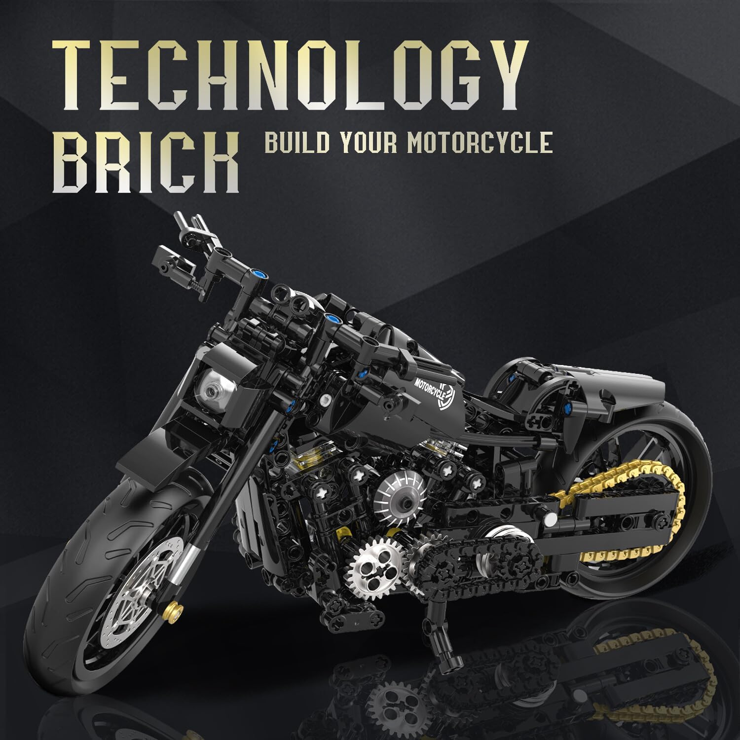 Side view of the assembled motorcycle with 'TECHNOLOGY BRICK' text