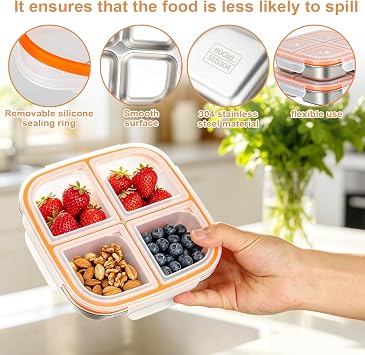 Stainless Steel Snack Containers with Lids,4 Compartments Stainless Steel Lunch Box,Reusable Meal Prep Lunch Containers for Adults, Divided Food Storage Containers for School, Home,Work &Travel