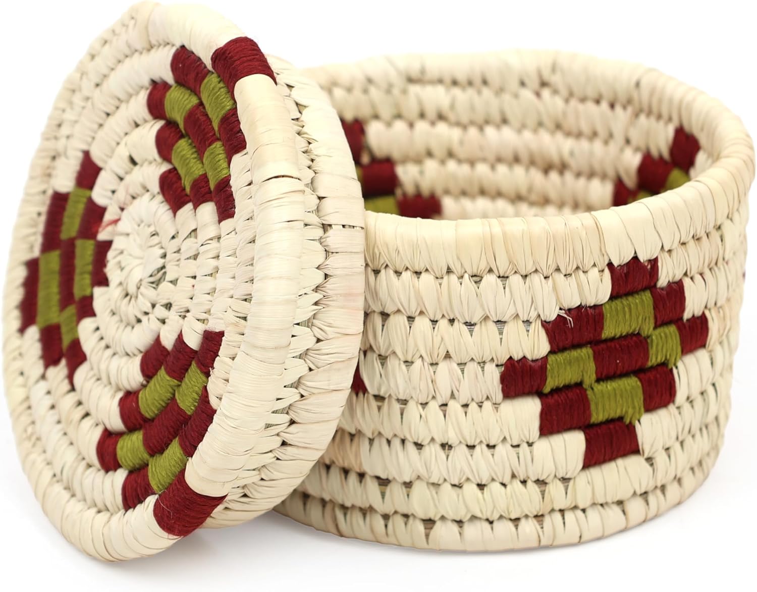 Natriel Sabai Grass Handwoven Round Coaster Set with Storage Box, Natural White with Burgundy and Green Pattern, 1.77 Inch Diameter, 6 Piece Set