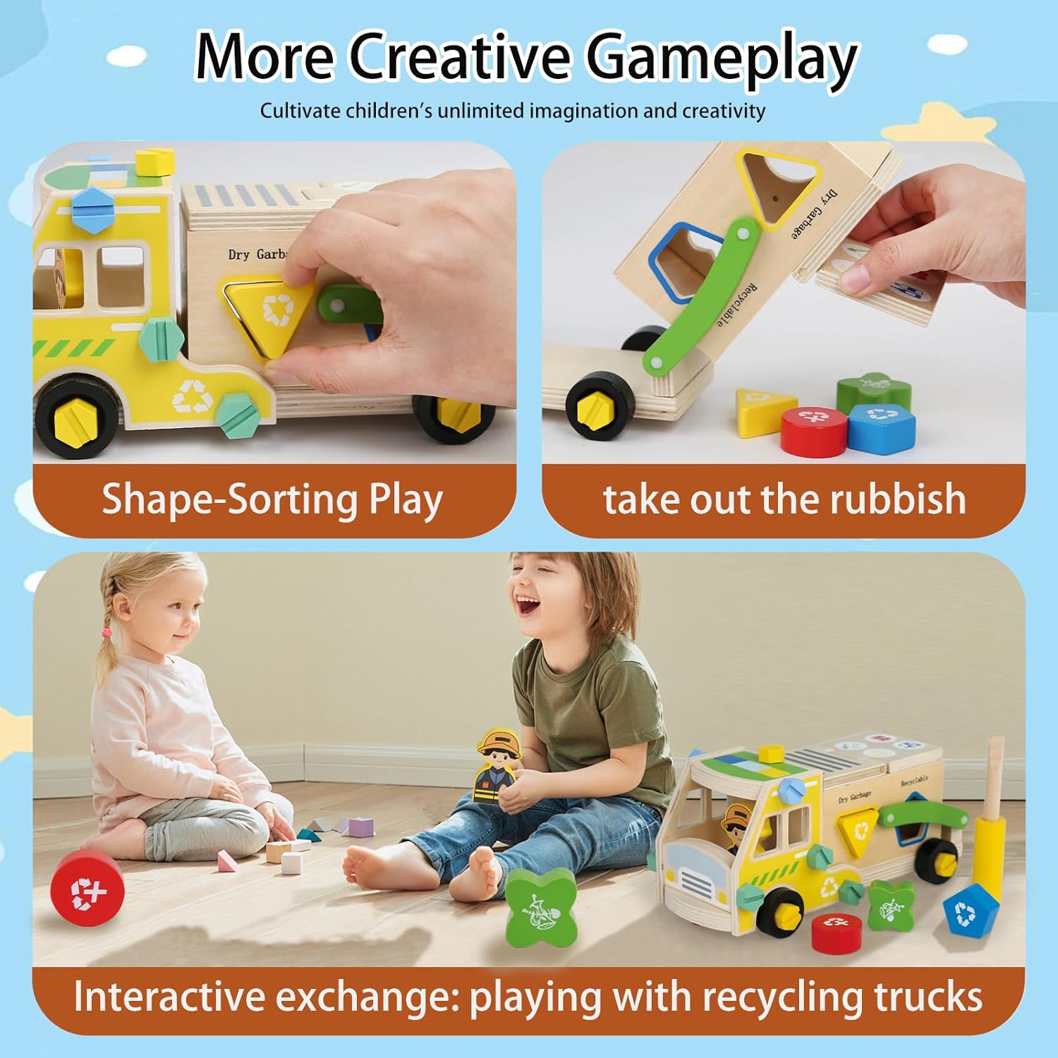 LOVELAND Wooden Recycling Truck Toy Take-Apart Garbage Sorting Truck